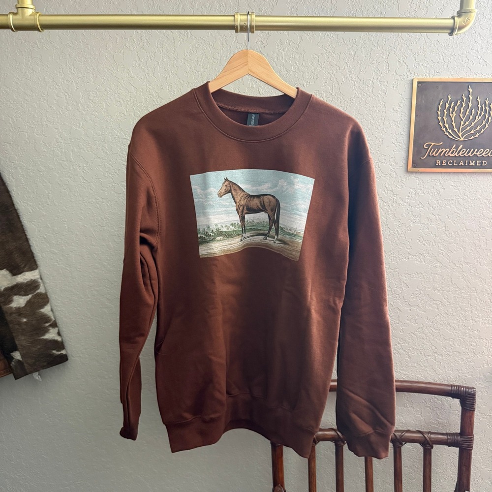 Gildan Brown Horse Graphic Sweatshirt Crewneck Small Equestrian Pullover